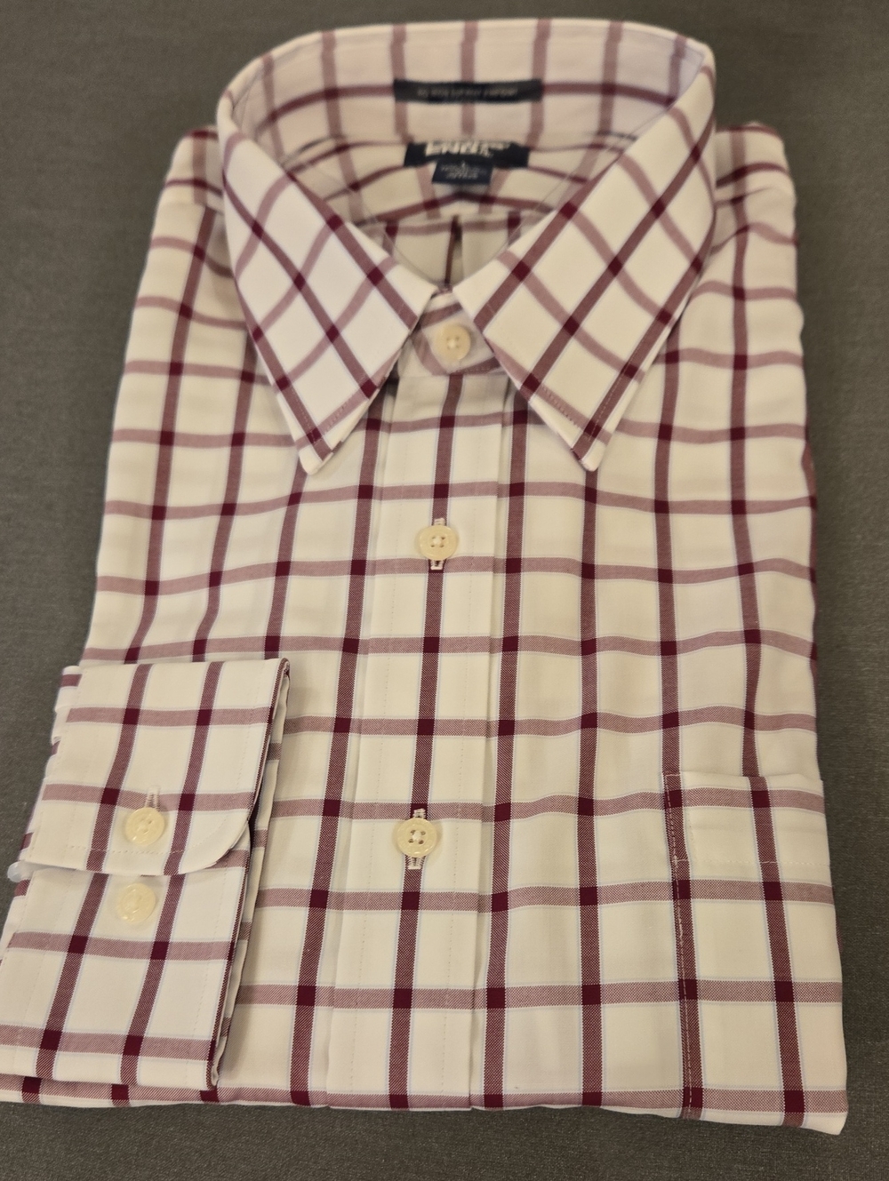 Lands' End Mens Cream Dress Shirt with Maroon Windowpane No Iron Supima Cotton